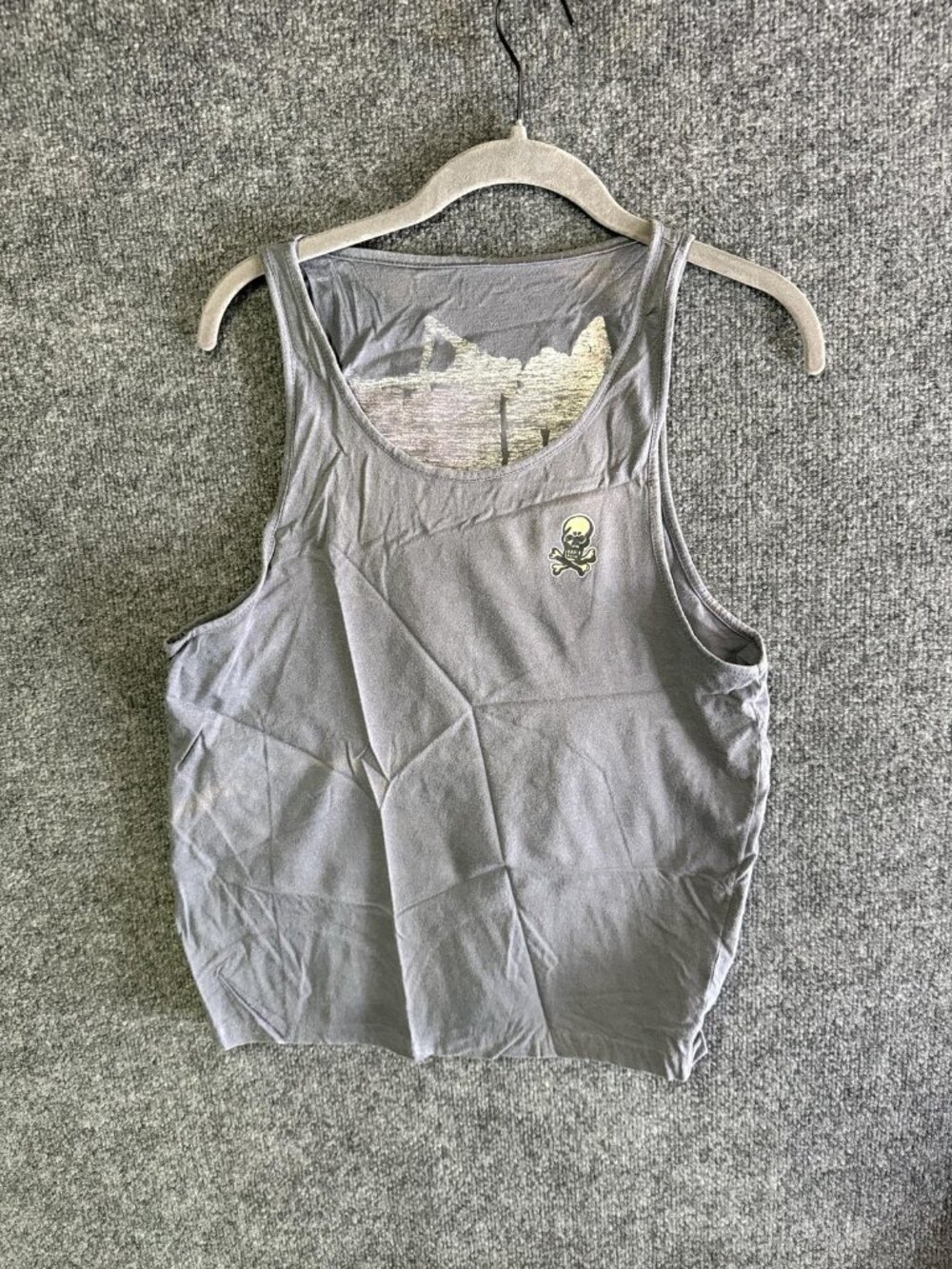 Surf Till You're Dead Tank Top Womens Small Gray Cropped Skull Graphic Jersey